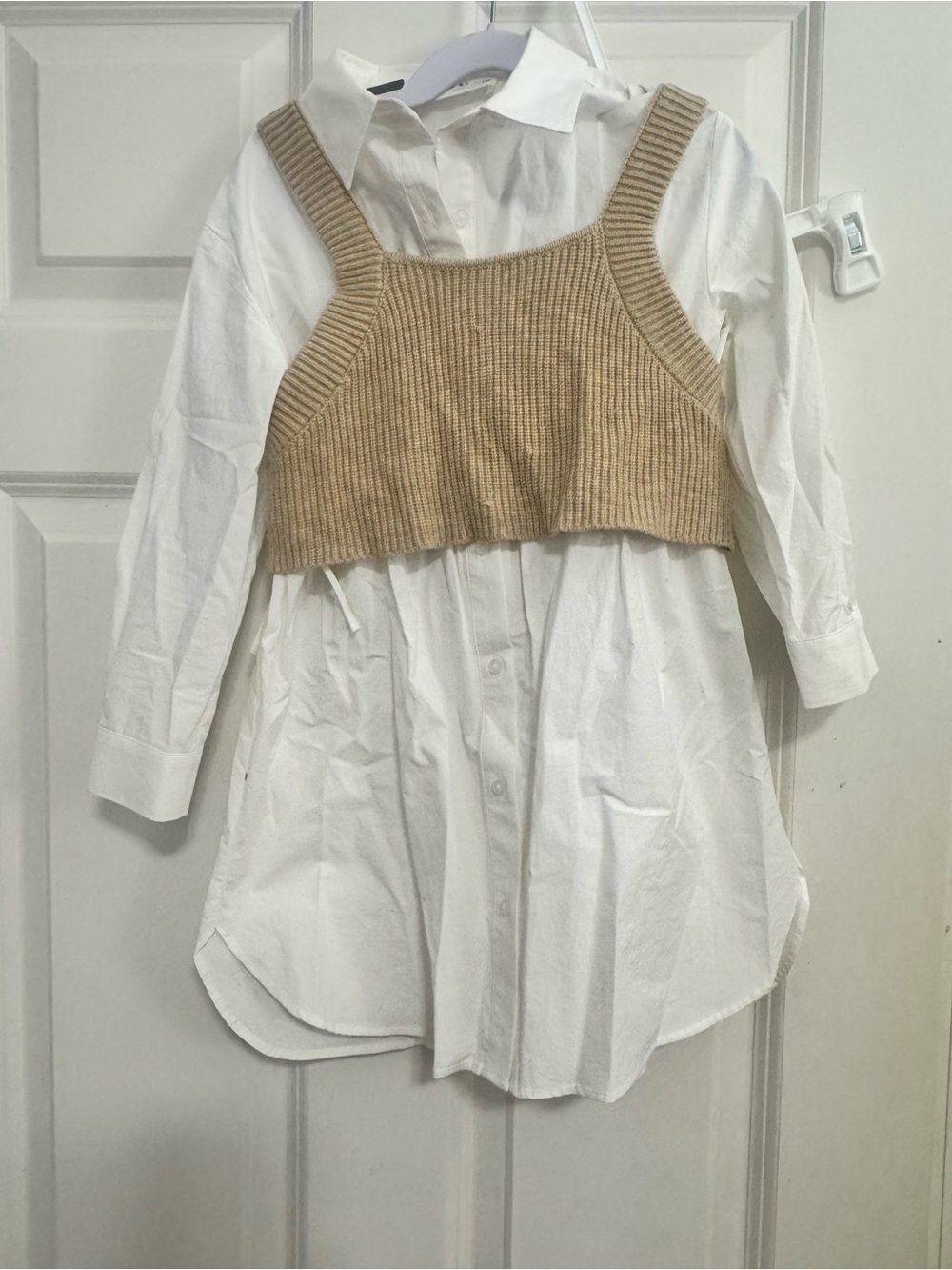 ZARA Beige Knit Crop Tank Over White Shirt - Kids Tops